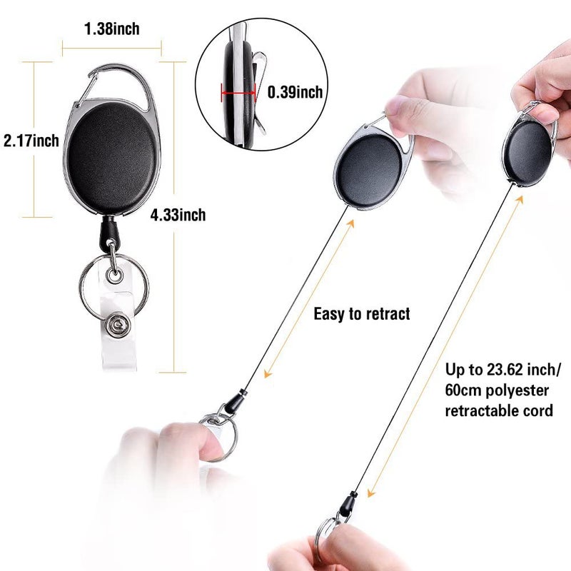 JIKIOU Retractable Badge Reel with Carabiner Belt Clip and Key Ring for ID Card Key Keychain Badge Holder Black 3 Pack - Image 3